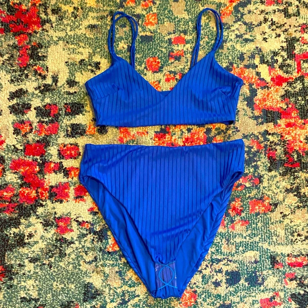 ASOS Blue High Waist Ribbed Texture Bikini NEW Size 10
